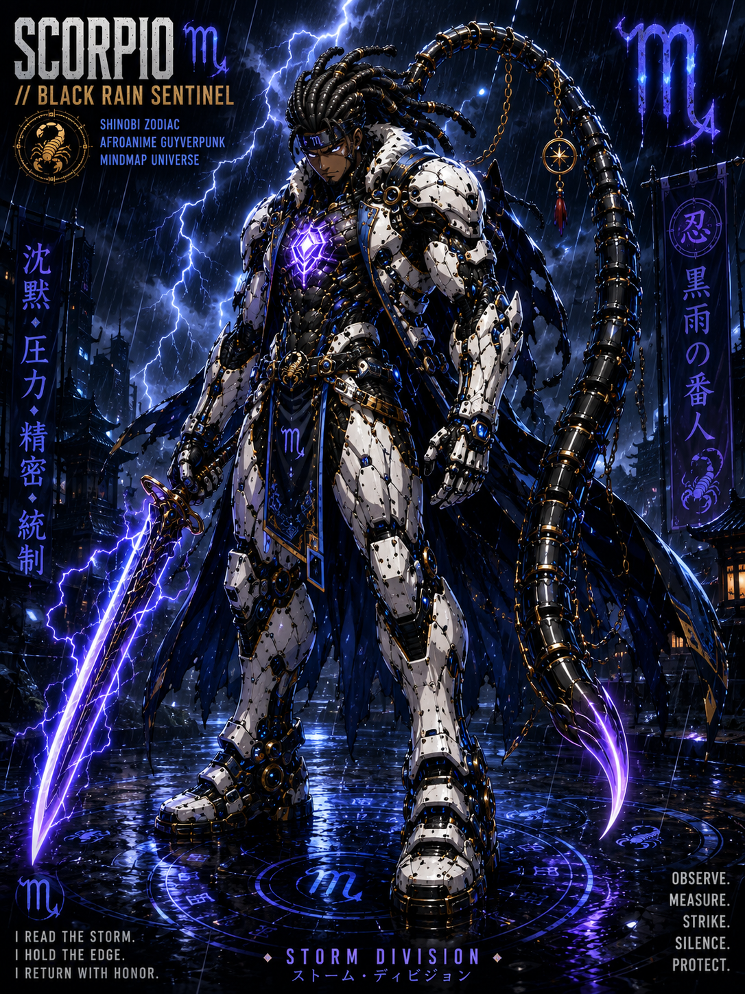 Black Rain Sentinel AfroAnime bio-armor guardian in midnight storm — white Raincloak armor, violet Storm Core, Sentinel Blade, and Scorpion Spine Rail