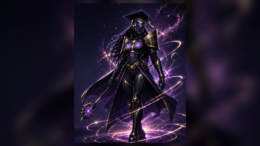 Scholar Core Unit 01 — AfroAnime graduation armor character by ArtzOfSmooveHD, black gold and violet bio-armor design