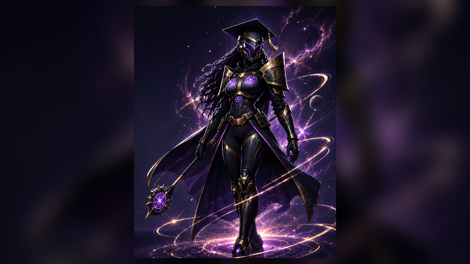Scholar Core Unit 01 — AfroAnime graduation armor character by ArtzOfSmooveHD, black gold and violet bio-armor design