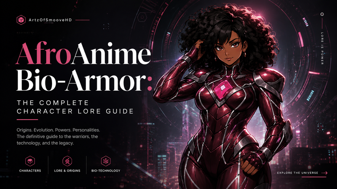 Full-body AfroAnime illustration of Crimson Veil wearing crimson-and-silver bio-armor with natural curls and a glowing pink soul core.