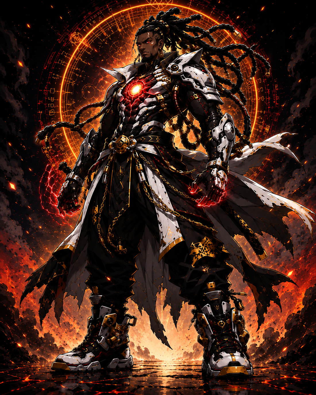 AfroAnime bio-armor guardian with dreadlocks, white biomechanical armor, glowing chest core, and orange energy channels.