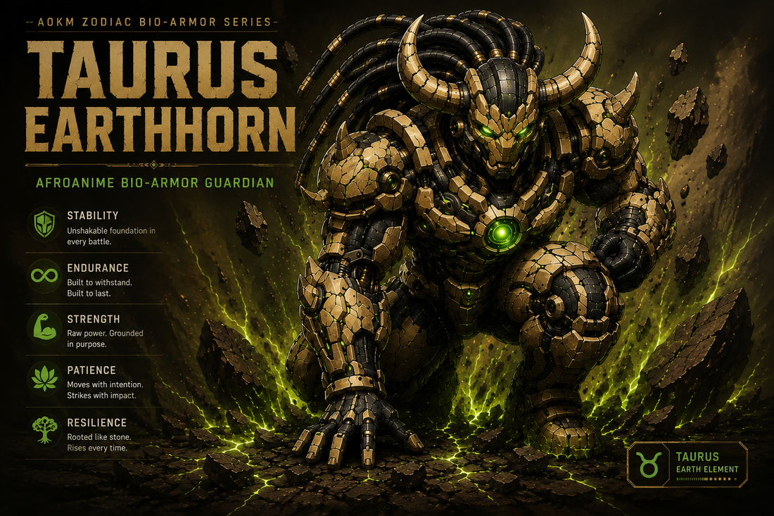 Taurus Earthhorn AfroAnime bio-armor guardian with stone-shell plating and green energy core