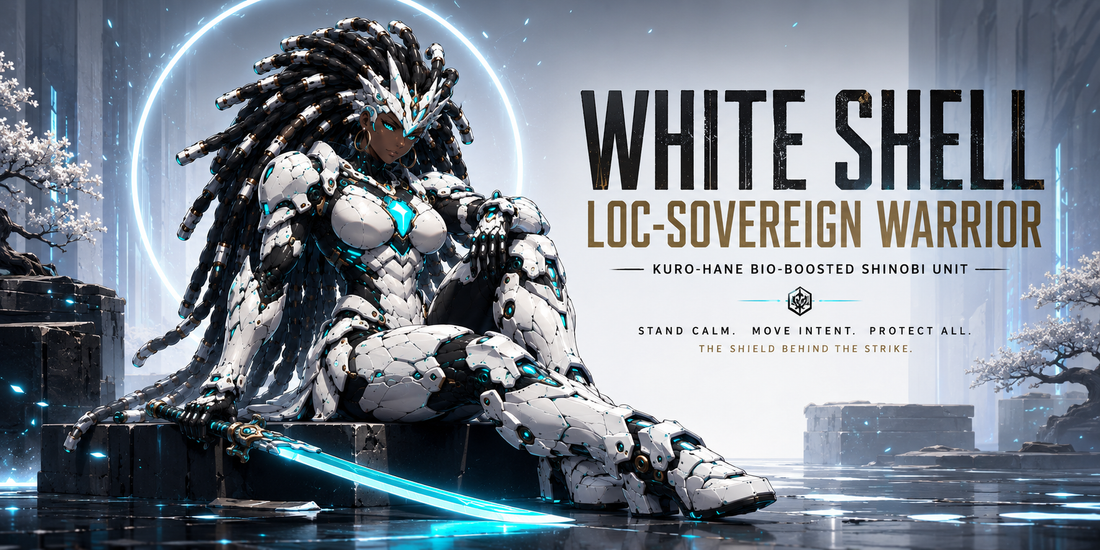 White Shell Loc-Sovereign Warrior AfroAnime bio-armor guardian with loc-tech crown and cyan-bladed katana