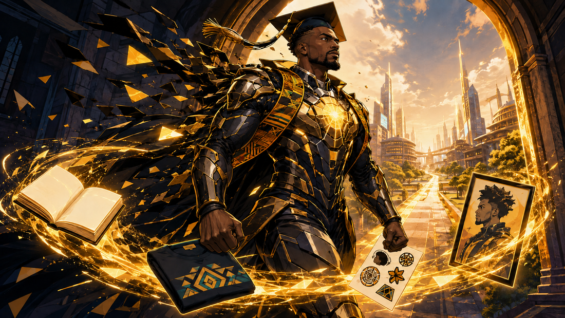 Black graduate transforming into golden AfroAnime bio-armor beside books, a T-shirt, stickers, and artwork.