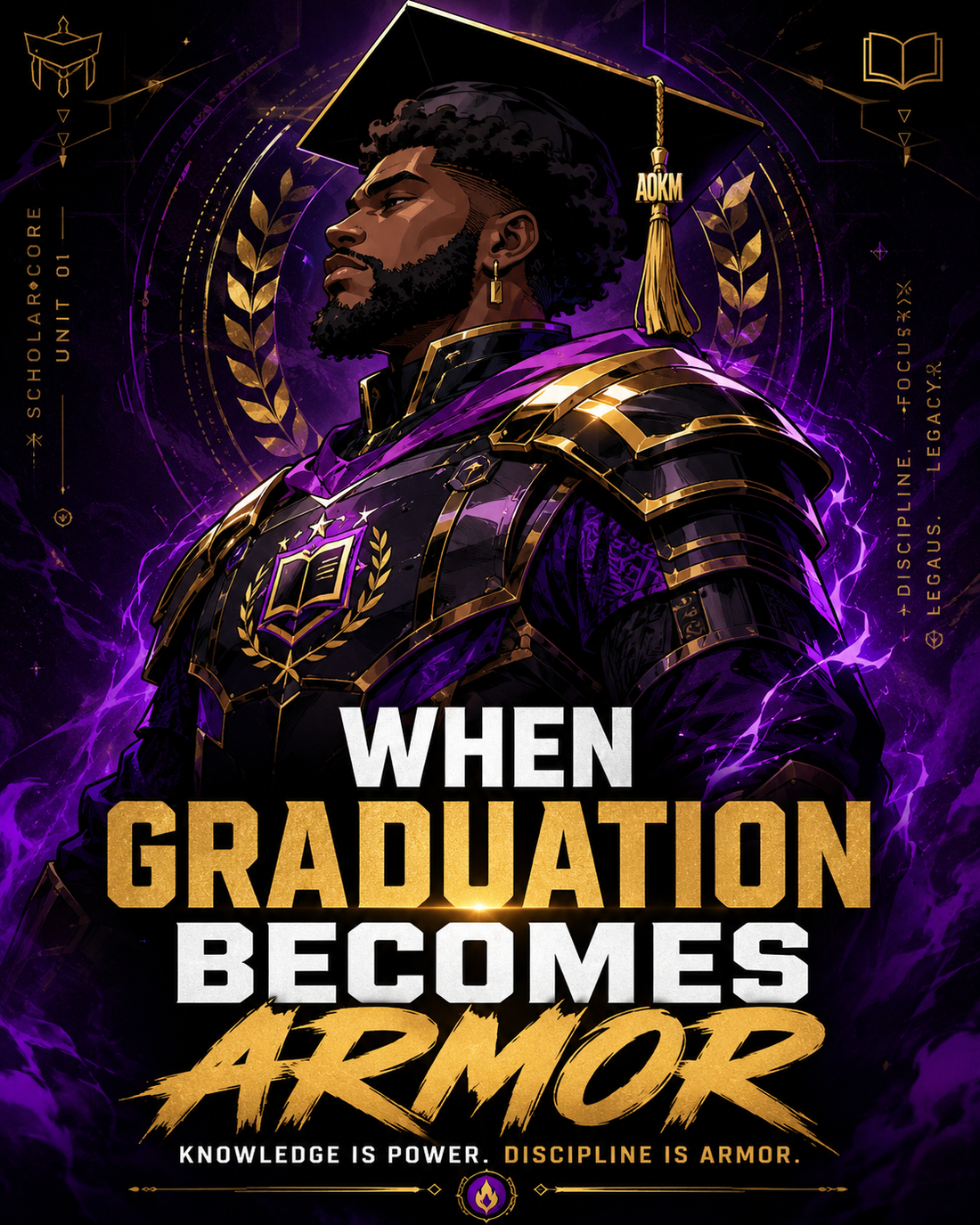Scholar Core Unit 01 – Afroanime graduation armor figure holding a book and diploma scroll in black, violet, and gold