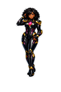 Full-body Black AfroAnime heroine wearing graphite-black bio-armor with gold trim, glowing magenta accents, curly hair, and a white die-cut sticker border.