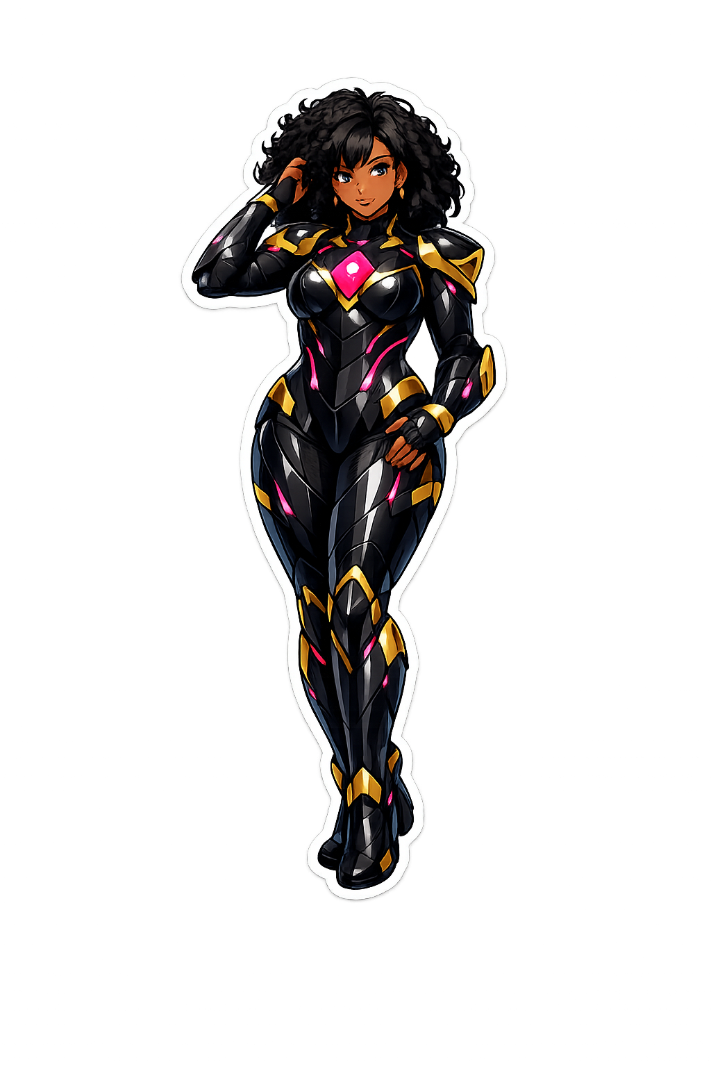 Full-body Black AfroAnime heroine wearing graphite-black bio-armor with gold trim, glowing magenta accents, curly hair, and a white die-cut sticker border.