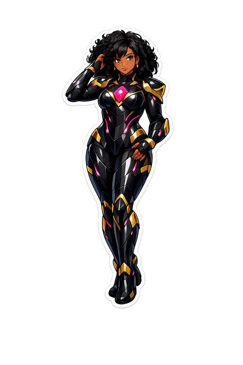 Full-body Black AfroAnime heroine wearing graphite-black bio-armor with gold trim, glowing magenta accents, curly hair, and a white die-cut sticker border.