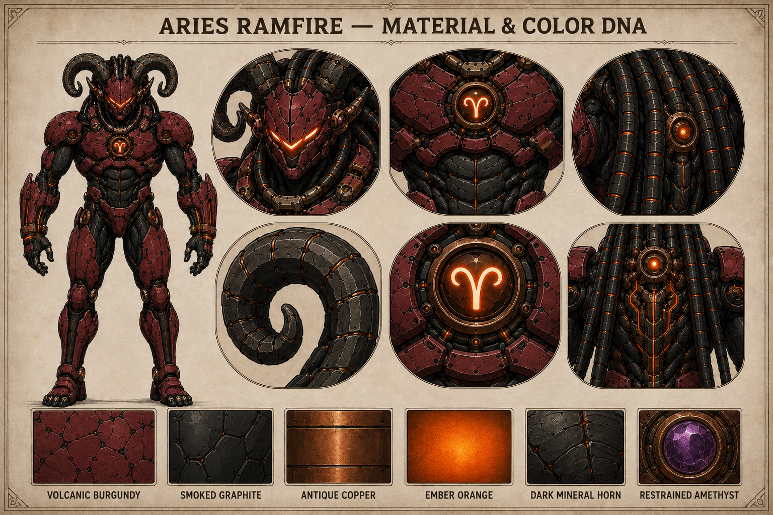 Aries Ramfire material and color DNA reference sheet — volcanic burgundy, smoked graphite, ember orange bio-armor
