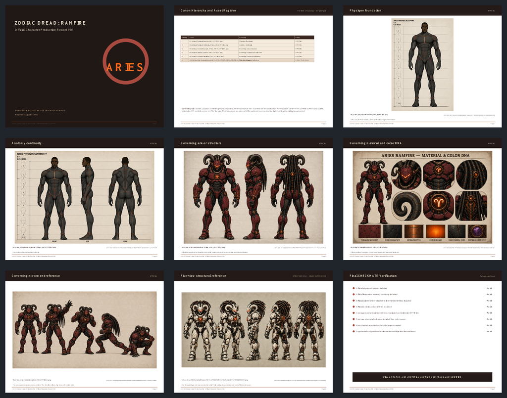 Zodiac Dread Ramfire official character production document — AOKM AfroAnime GuyverPunk workflow reference