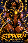 Euphoria Bio-Armor Ascension hero poster — AfroAnime warrior in gold bio-armor with glowing chest core and flowing white drape, rising against a dramatic sky