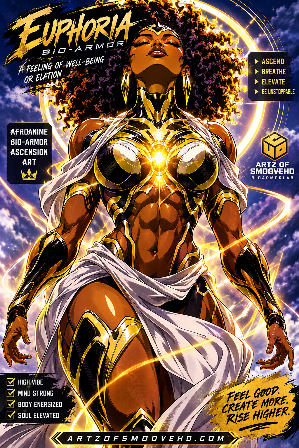 Euphoria Bio-Armor Ascension infographic poster — AfroAnime Bio-Armor Ascension Art by Artz of SmooveHD, featuring brand identity, taglines, and character details