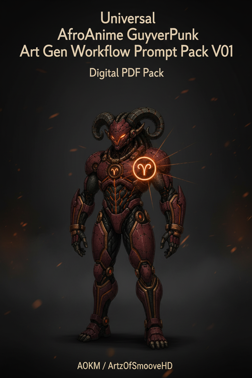 Universal AfroAnime GuyverPunk Art Gen Workflow Prompt Pack V01 — AOKM digital PDF cover