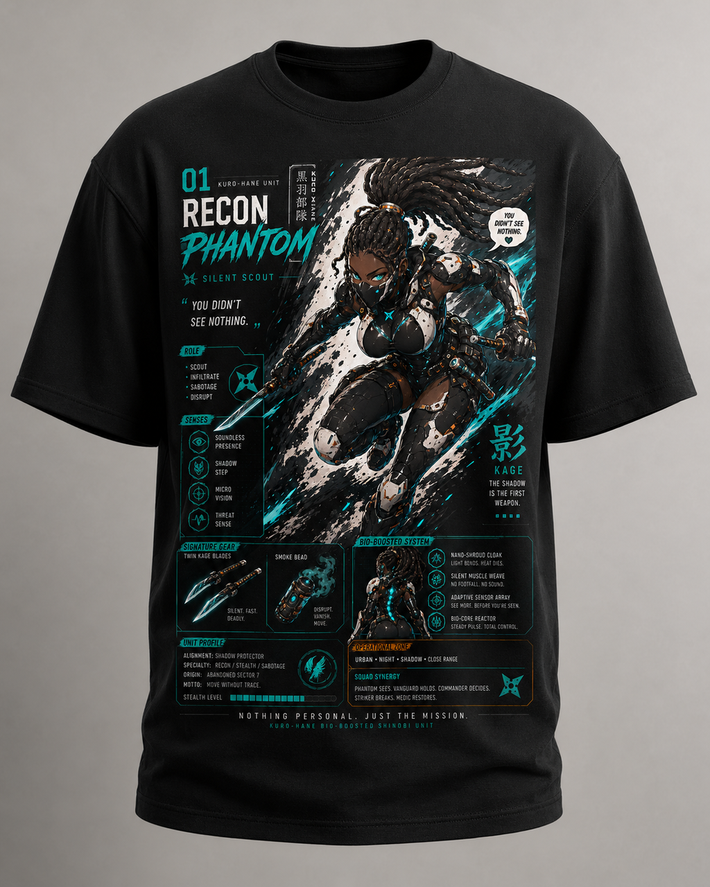 Recon Phantom Bio-Boosted Shinobi AfroAnime Cyberpunk Graphic Tee